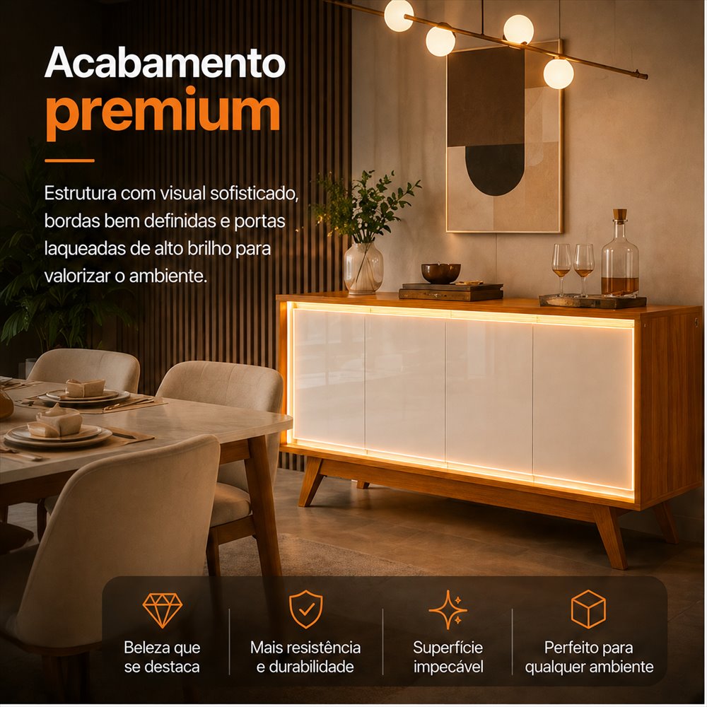 Detalhe do acabamento premium: bordas bem definidas e portas laqueadas de alto brilho