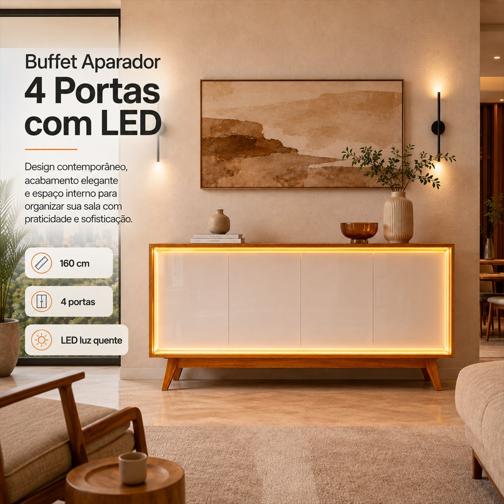 Buffet Aparador 4 Portas com LED 160cm — design contemporâneo, acabamento elegante e espaço interno para organizar a sala com praticidade