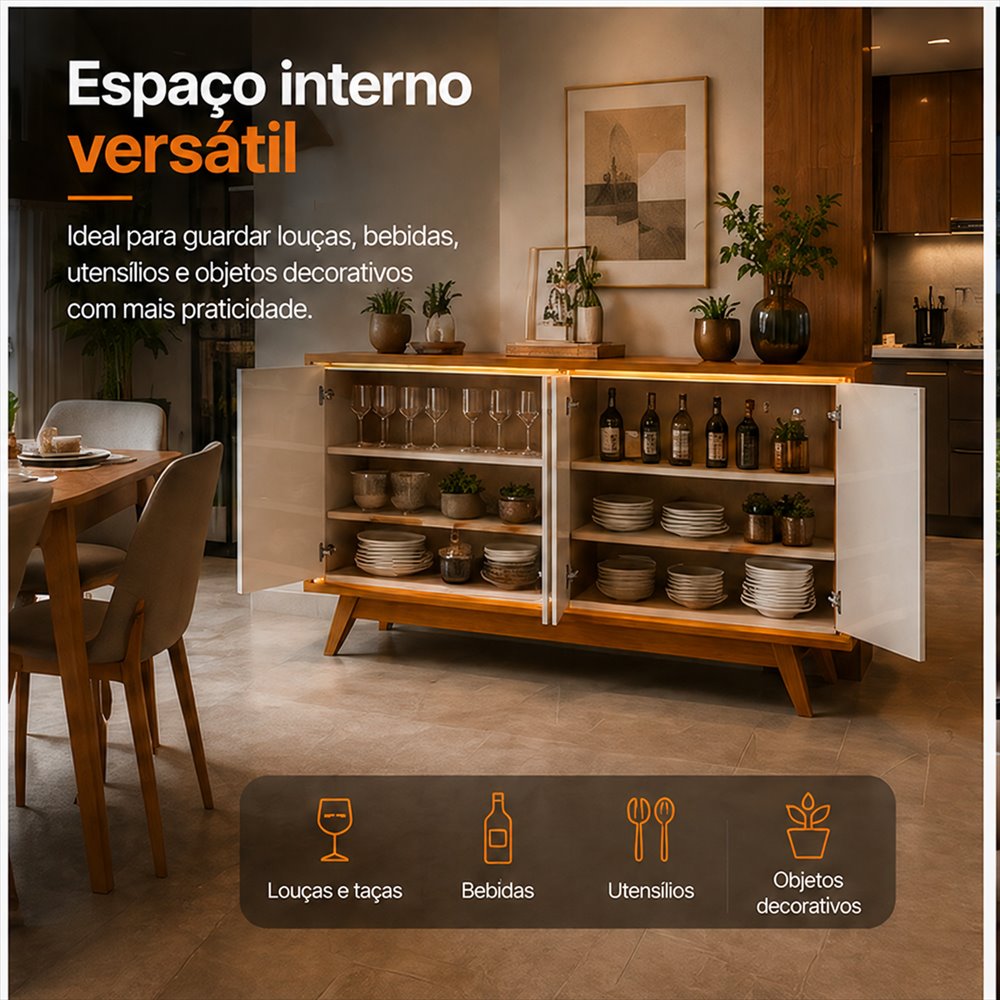 Espaço interno versátil, ideal para guardar louças, bebidas, utensílios e objetos decorativos