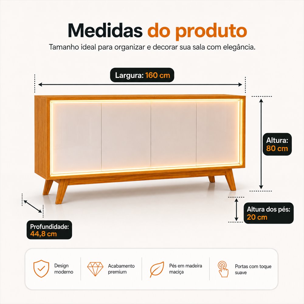Medidas do produto: largura 160 cm, altura 80 cm, profundidade 44,8 cm, altura dos pés 20 cm